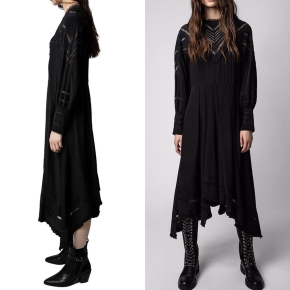 Zadig & Voltaire Rozyl Silk Lace Insert Asymmetrical Hem Midi Dress - Small - Picture 4 of 13